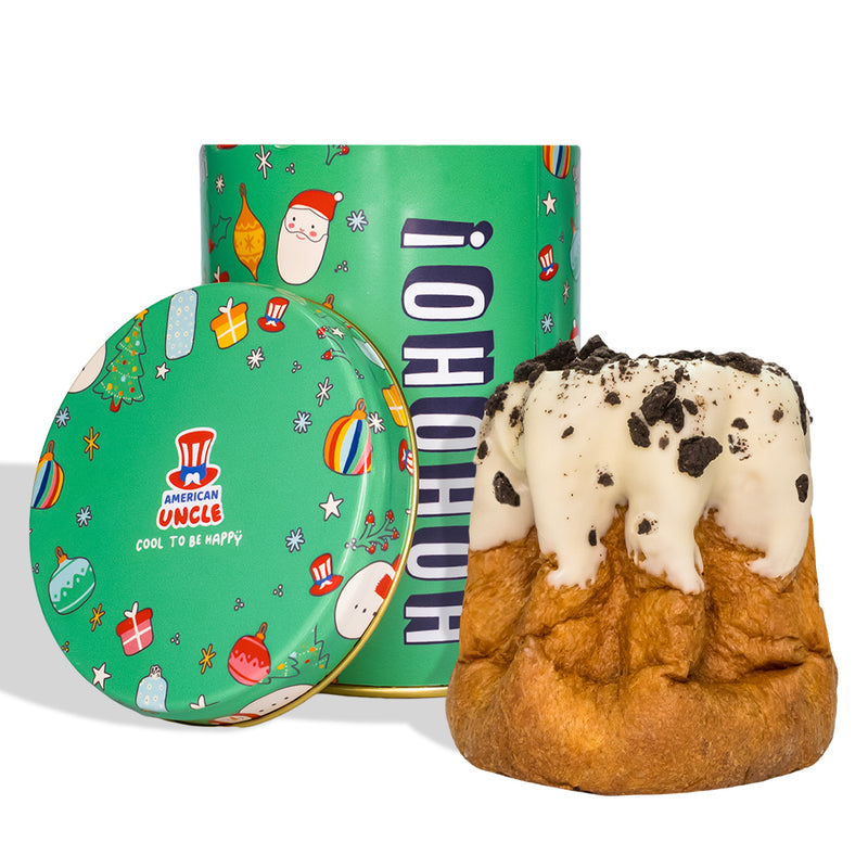 Pandoro artesanal Cookies & Cream de 200g, cobertura y relleno de chocolate blanco con trozos de galleta