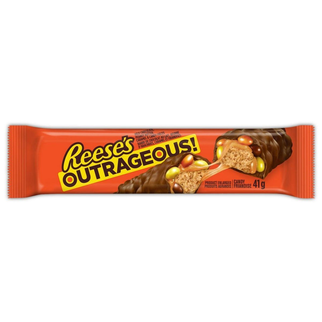 Reese's Outrageous!, barra de chocolate rellena de mantequilla de maní y confites de colores de 41g 