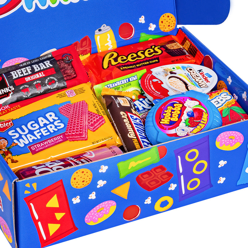 Snack box “Cool to be Happy”, caja de sorpresas con 20 snacks dulces, salados y bebidas