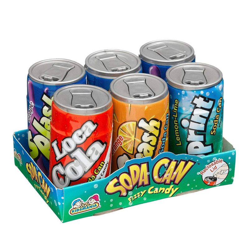 Soda Can Fizzy Candy 6pk, mini lattine di caramelle frizzanti alla frutta da 42g (4510513496161)