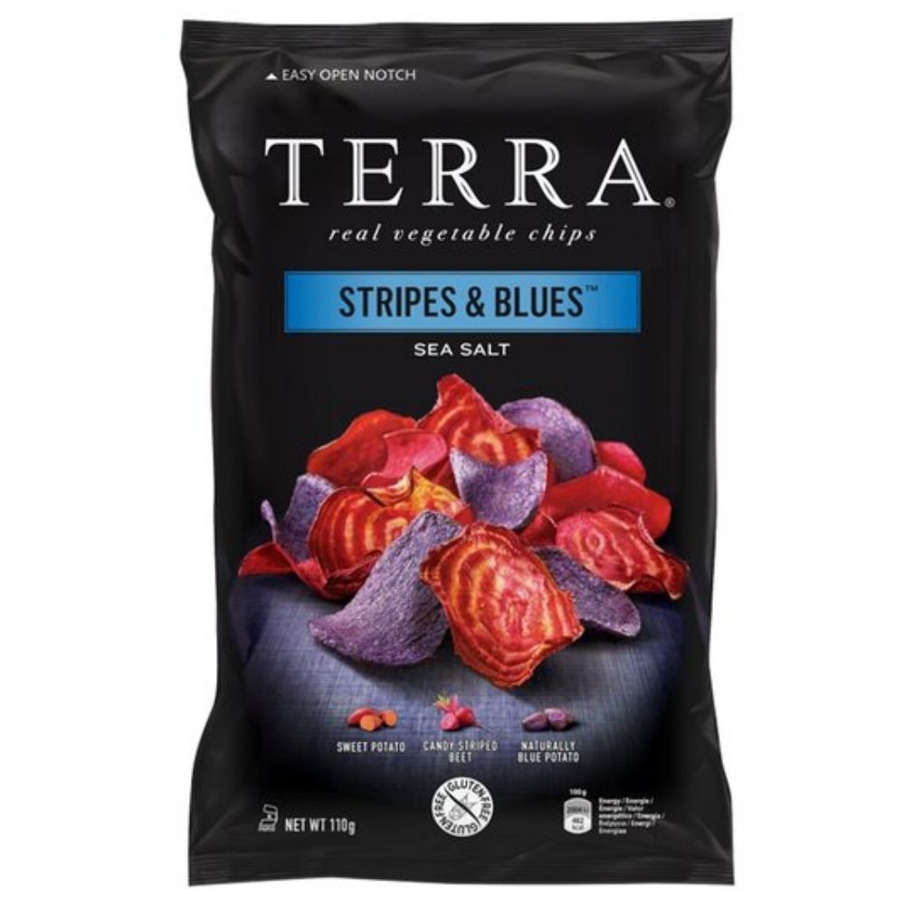 Terra Real Vegetable Chips Stripe & Blues, batatas dulces y chips de rábano con sal marina de 110g 