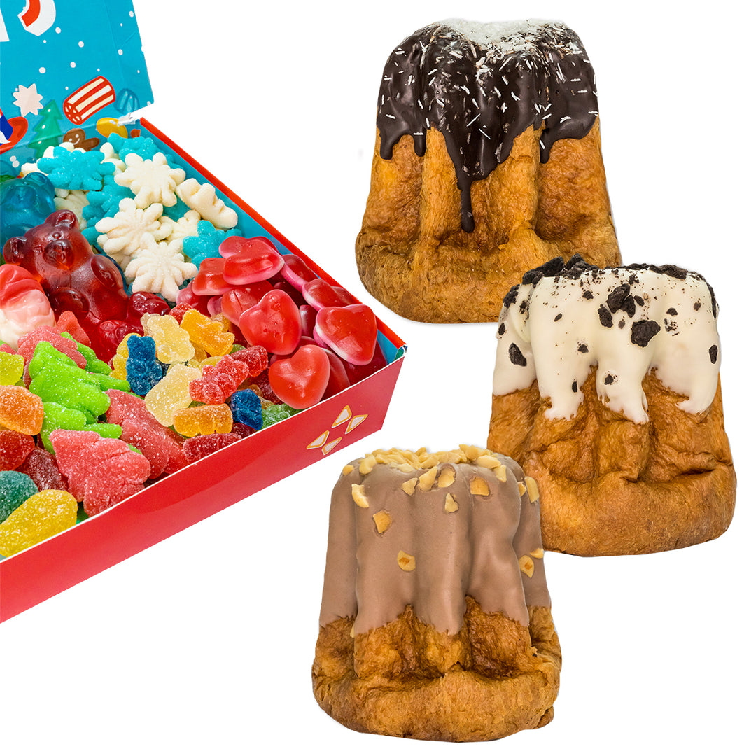 Candy box Edición de Vacaciones + 3 pandori artesanales de 200g Dark Choco & Coconut, Salted Caramel & Choco Peanuts y Cookies & Cream 