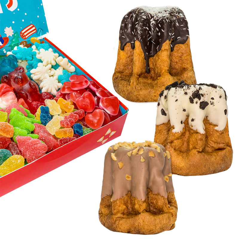 Candy box Holidays Edition + 3 pandori artesanales de 200g Dark Choco & Coconut, Salted Caramel & Choco Peanuts y Cookies & Cream