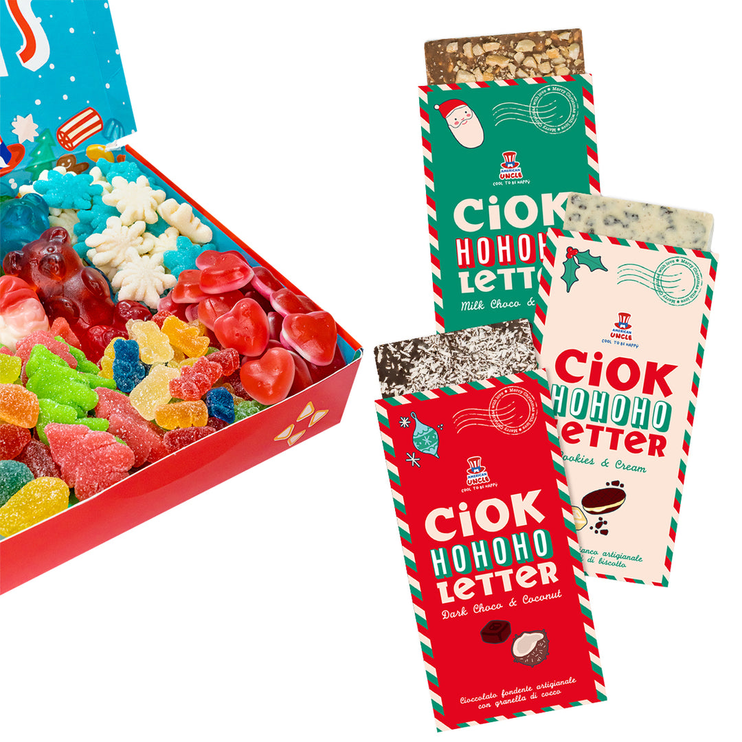 Candy box Edición de Vacaciones + 3 ChocoLetter, caja de caramelos gomosos de 1kg y tres tabletas de chocolate artesanal 
