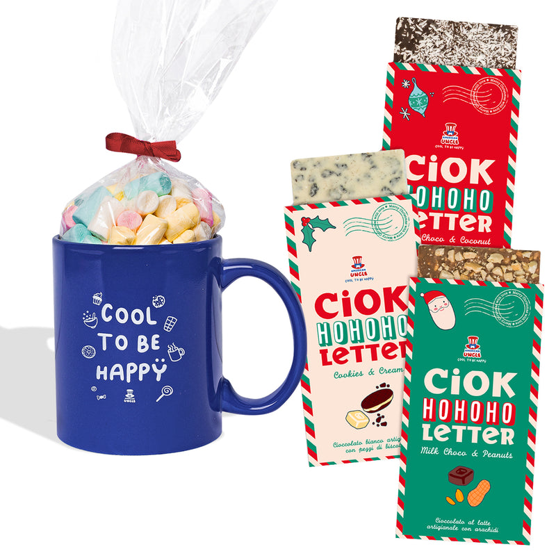 Mug Cool to be Happy + bolsa de caramelos gomosos de 100g + 3 ChocoLetter de 100g