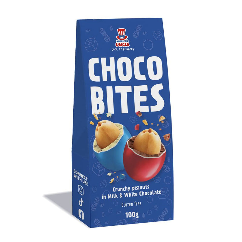 Choco Bites, confites con cacahuetes tostados cubiertos de chocolate con leche y blanco de 100g