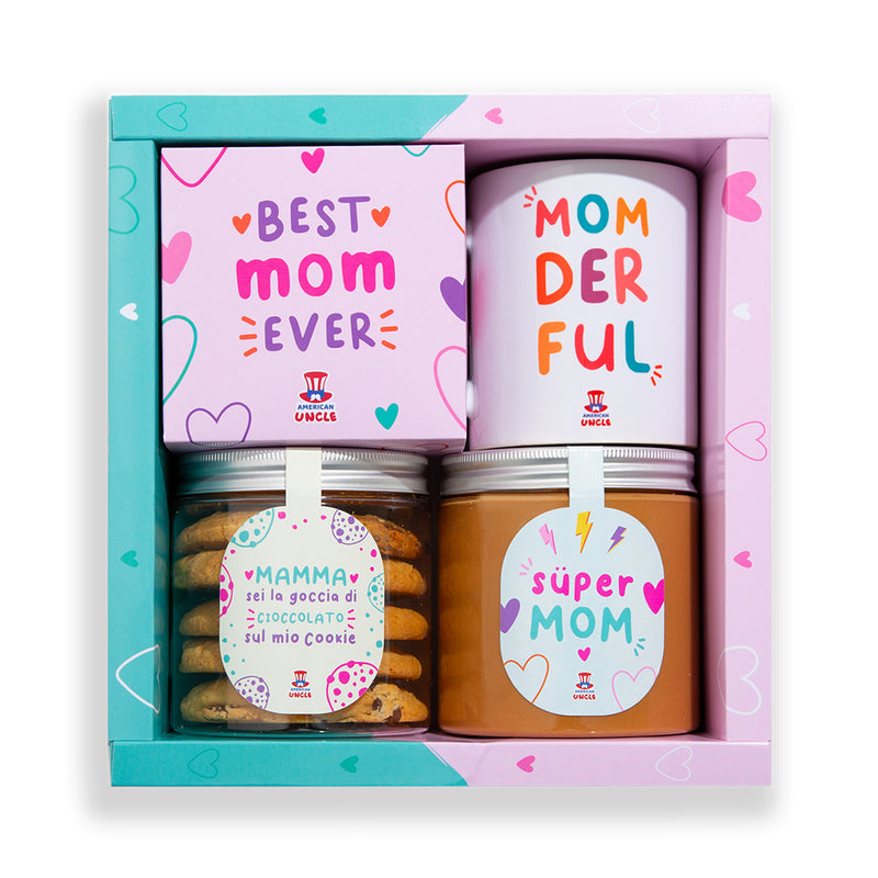 Mom Gift Box, caja de regalo para mamá con galletas de varios sabores, crema de caramelo salado y taza Momderful.