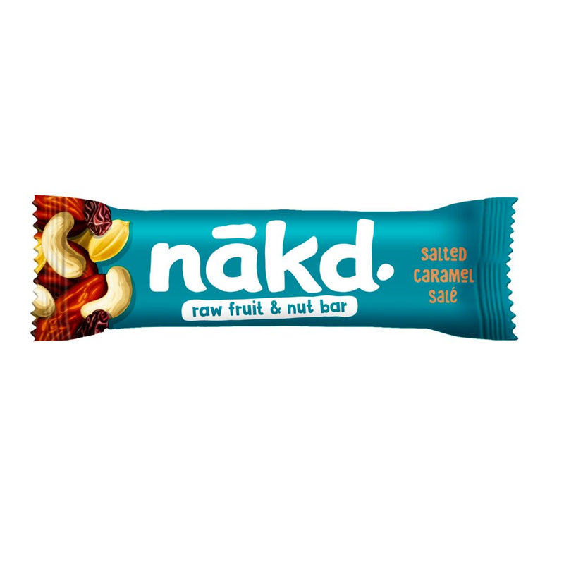 Confezione da 35g barretta di frutta e noci al gusto di caramello salato Nakd Salted caramel