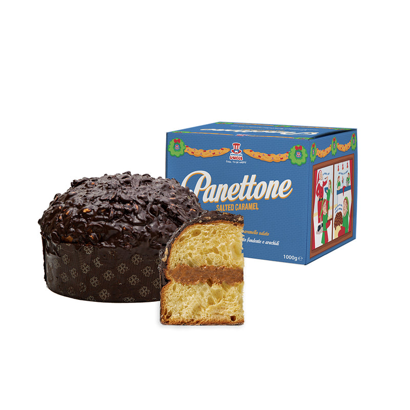 El Panettone de American Uncle, panettone artesanal relleno de caramelo salado con cobertura de chocolate negro y maníes de 1kg.