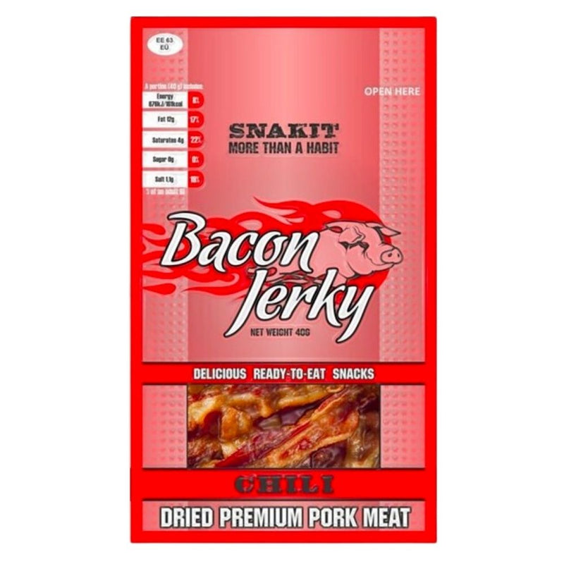 Confezione da 40g di bacon secco al peperoncino Snakit Bacon Jerky Chili