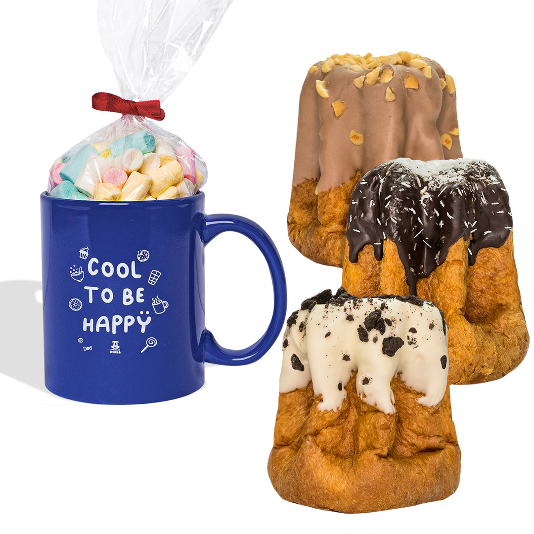 Taza Cool to be Happy + bolsa de caramelos de goma de 100g + 3 pandoros artesanales de 200g 